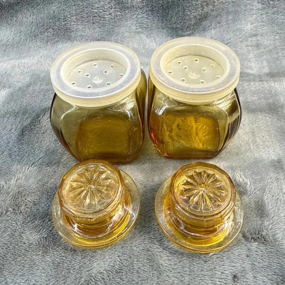 Vintage Lot of 5 Wheaton Amber Glass Spice Jars Shaker Inserts 3 Inch Original